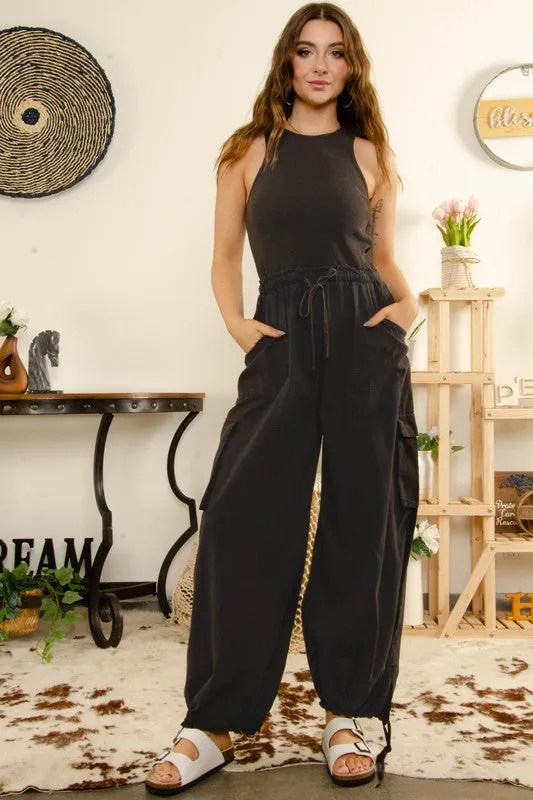 100% Cotton Jersey Knit Cargo Jumpsuit