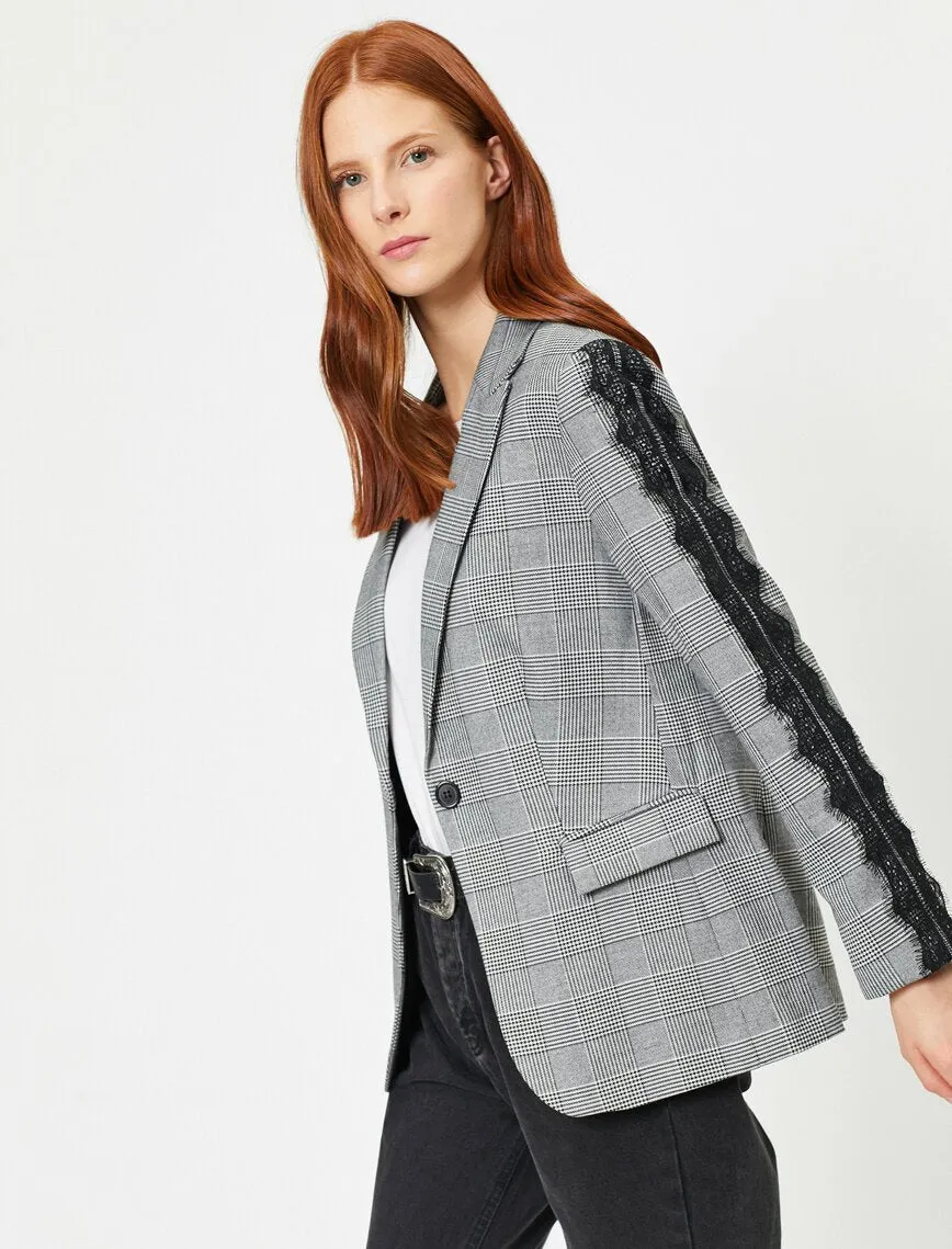 14961 Black Lace Detail Check Jacket