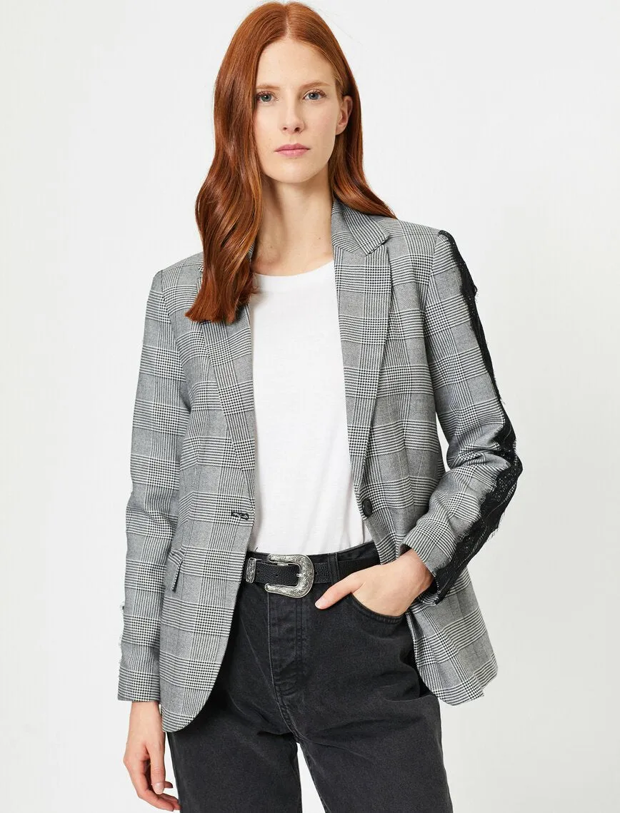 14961 Black Lace Detail Check Jacket