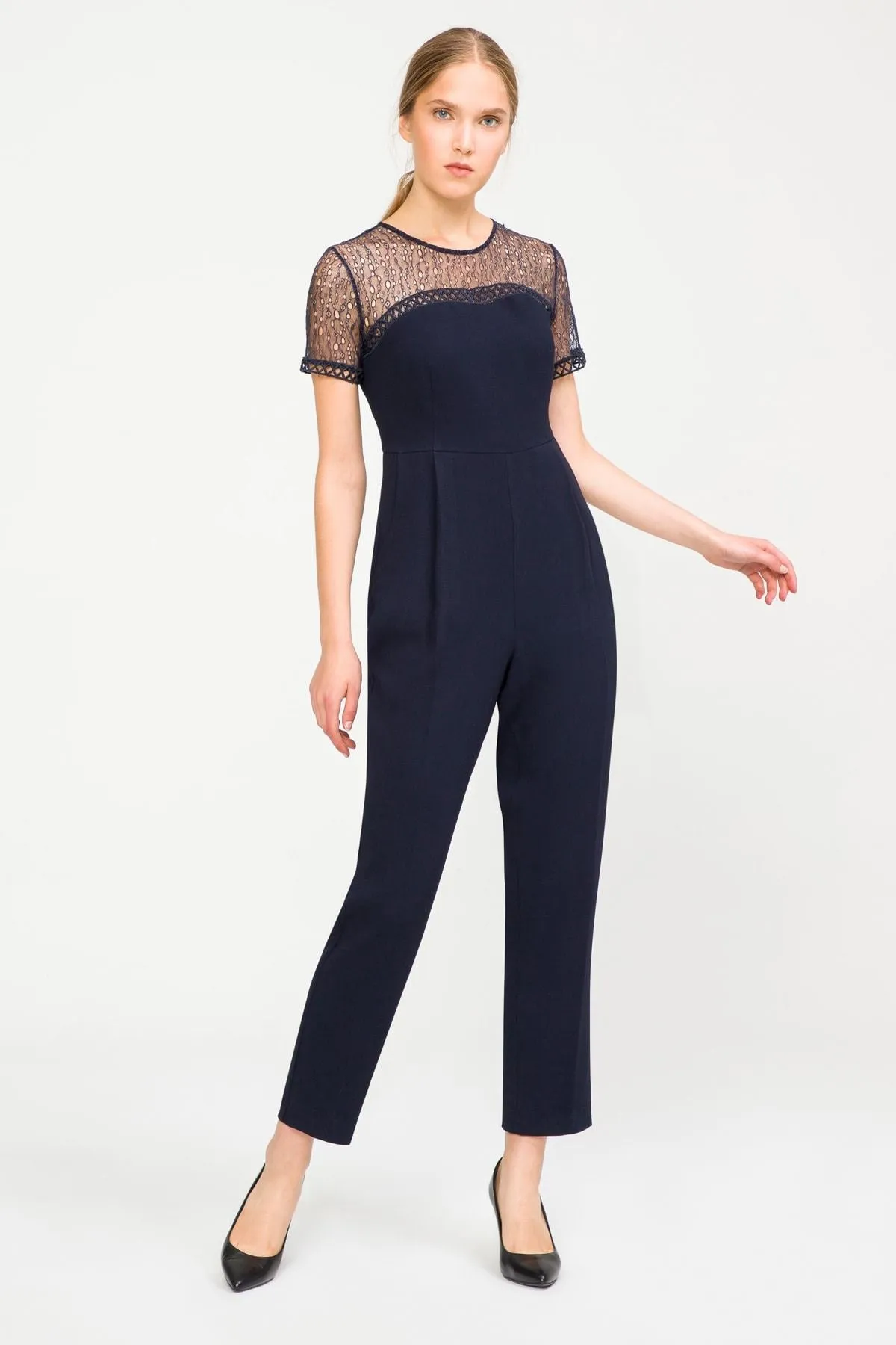 16205 Navy Blue Lace Top Jumpsuit