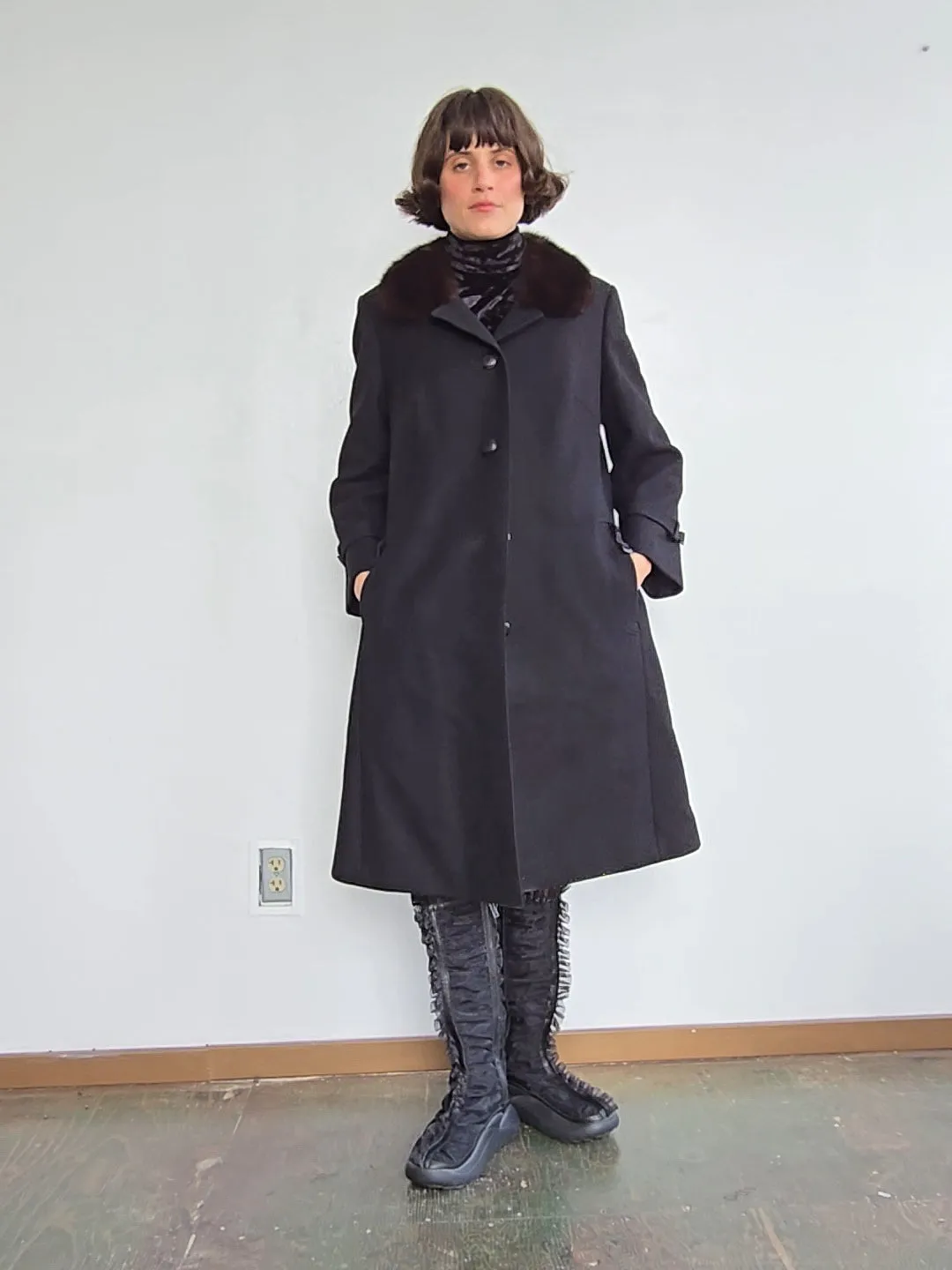 1960s Black Fur Collar Car Coat (L)