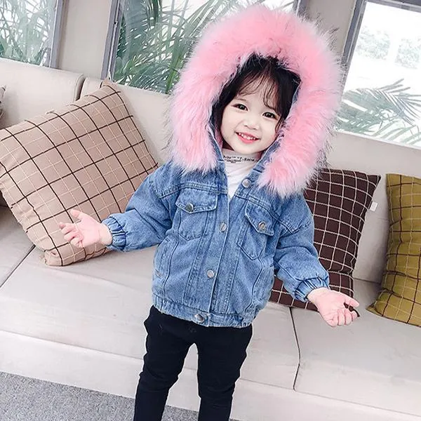 2 Colors Fashion Baby Toddler  Winter Fur Denim Jacket Pink and Gray