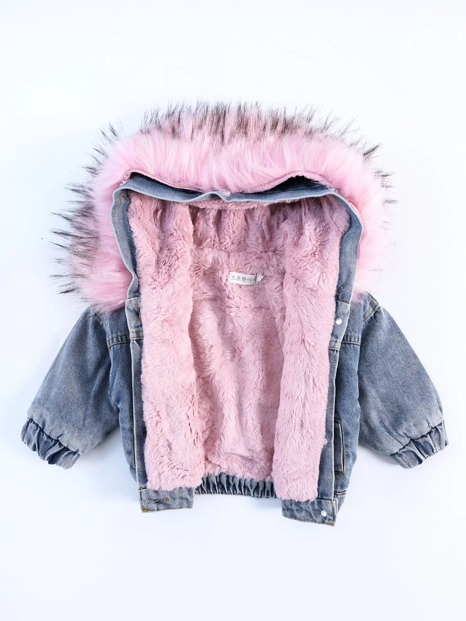 2 Colors Fashion Baby Toddler  Winter Fur Denim Jacket Pink and Gray