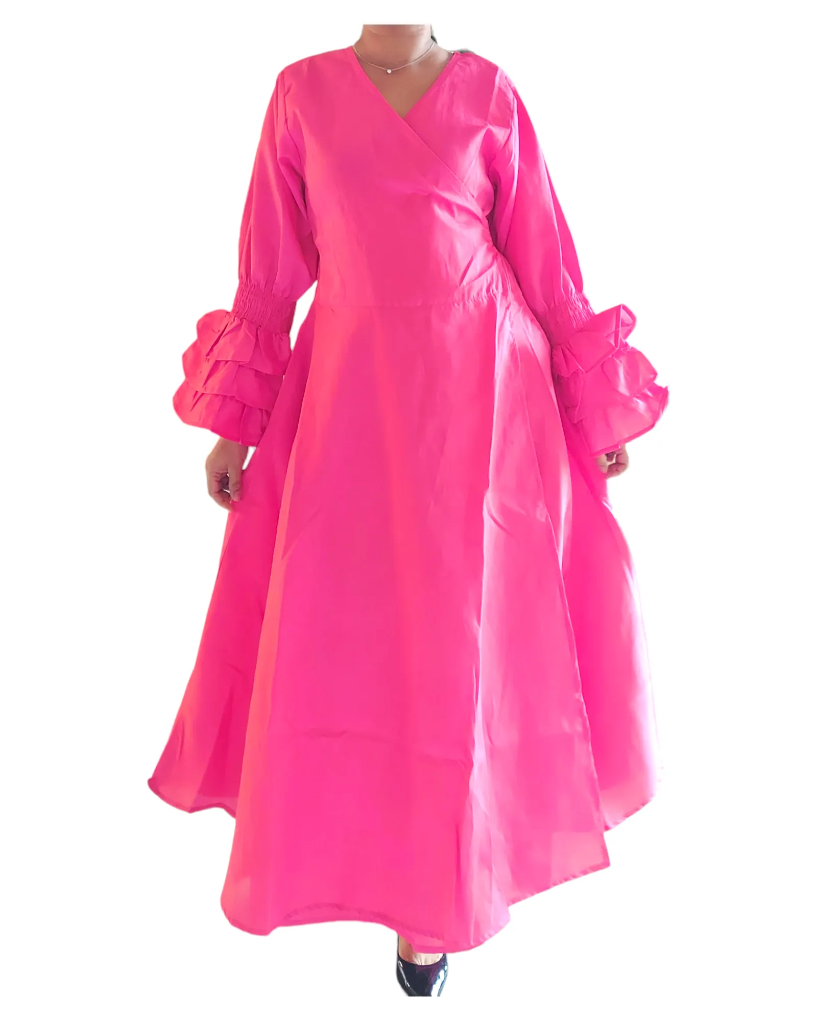 70 Faux Silk Wrap Dress- Fuchsia