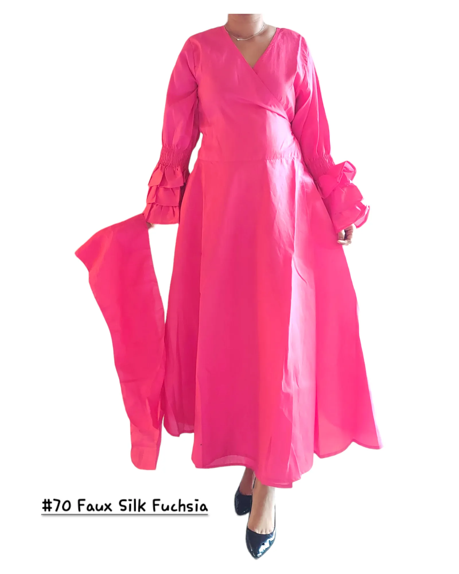 70 Faux Silk Wrap Dress- Fuchsia