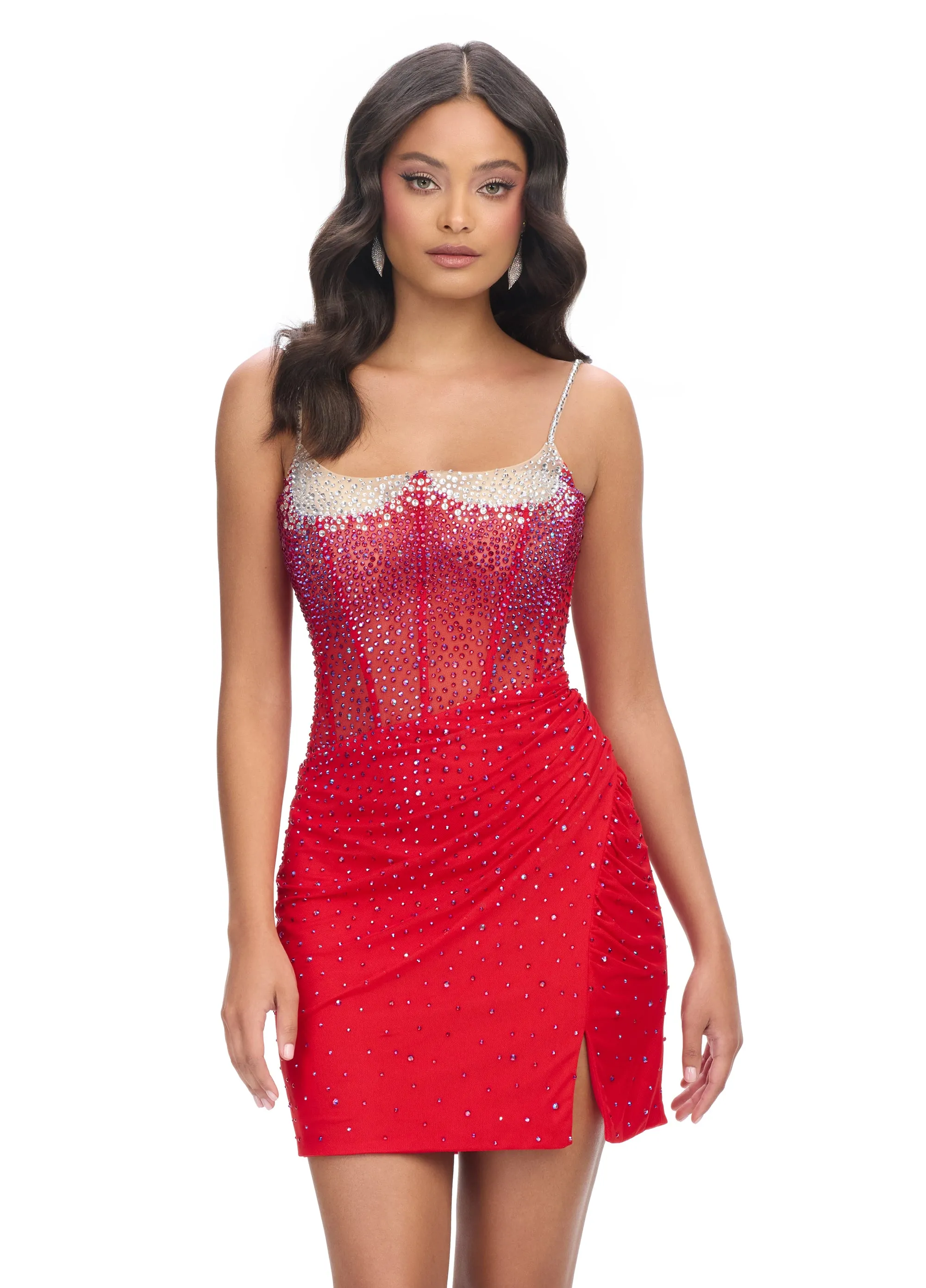 Ashley Lauren 4690 Cocktail Dress Corset Sheer Left Leg Slit Spaghetti Straps