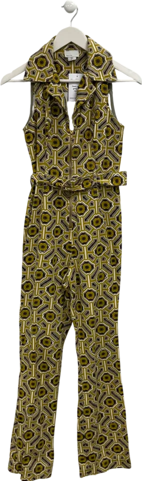 ASOS Green Retro Print Sleeveless Belted Flared Jumpsuit UK 8