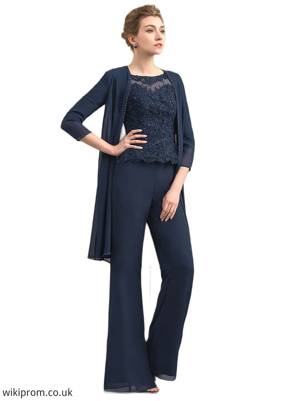Audrey Jumpsuit/Pantsuit Scoop Neck Floor-Length Chiffon Lace Mother of the Bride Dress With Beading SWK126P0014836