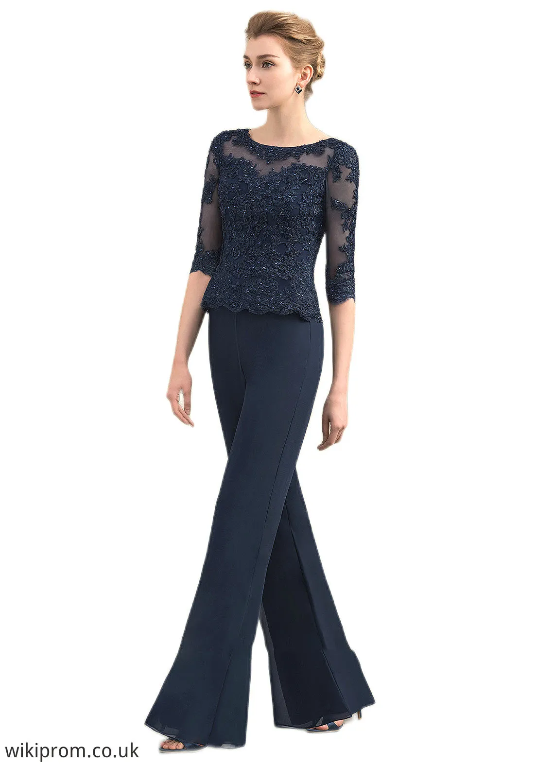 Audrey Jumpsuit/Pantsuit Scoop Neck Floor-Length Chiffon Lace Mother of the Bride Dress With Beading SWK126P0014836