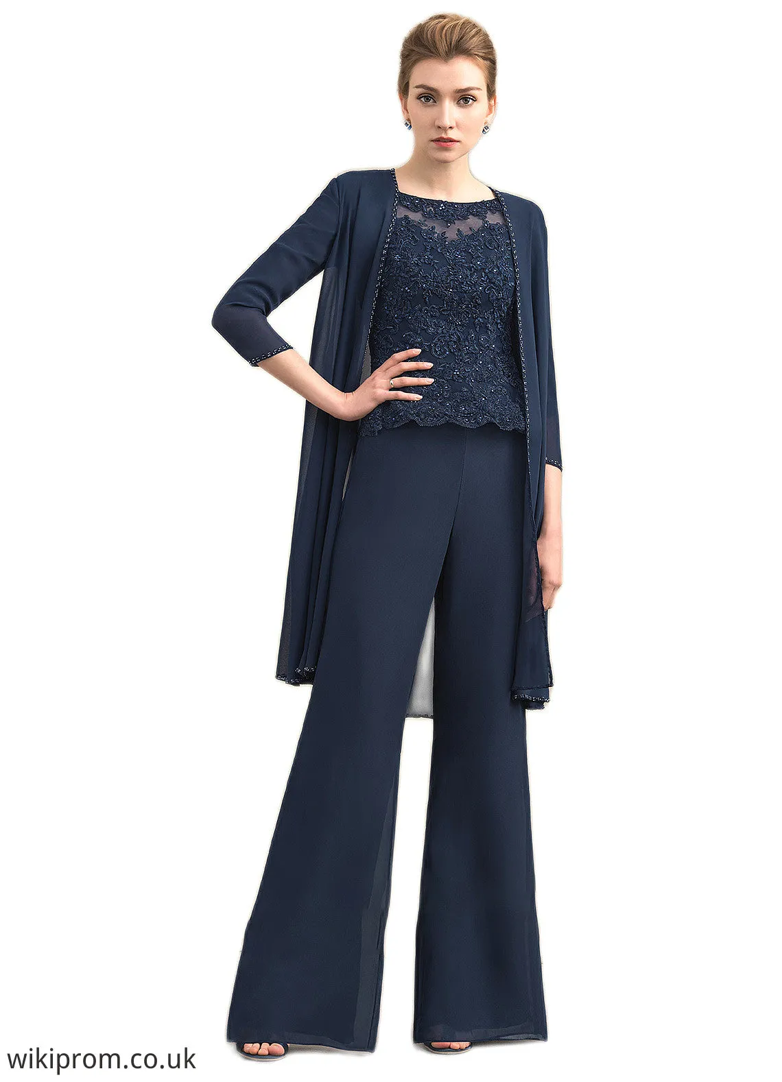 Audrey Jumpsuit/Pantsuit Scoop Neck Floor-Length Chiffon Lace Mother of the Bride Dress With Beading SWK126P0014836