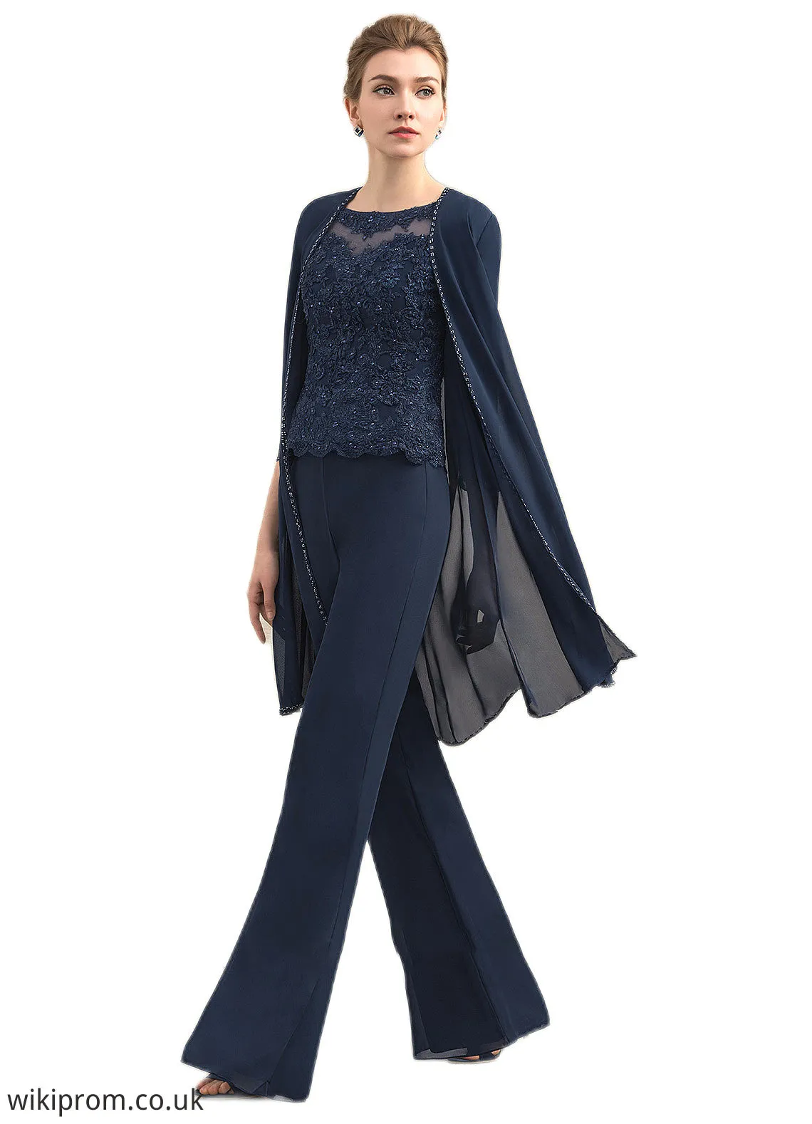 Audrey Jumpsuit/Pantsuit Scoop Neck Floor-Length Chiffon Lace Mother of the Bride Dress With Beading SWK126P0014836