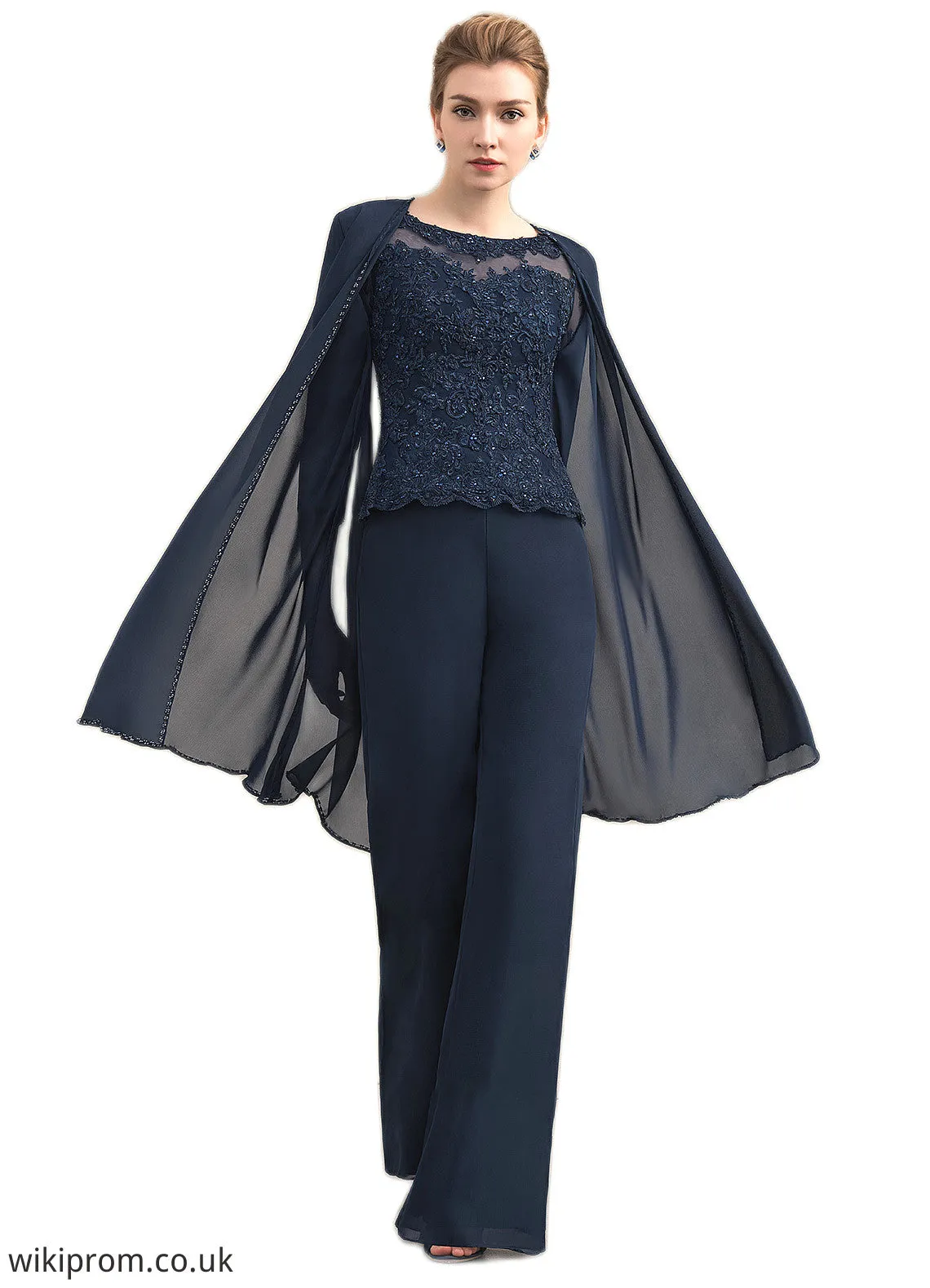 Audrey Jumpsuit/Pantsuit Scoop Neck Floor-Length Chiffon Lace Mother of the Bride Dress With Beading SWK126P0014836