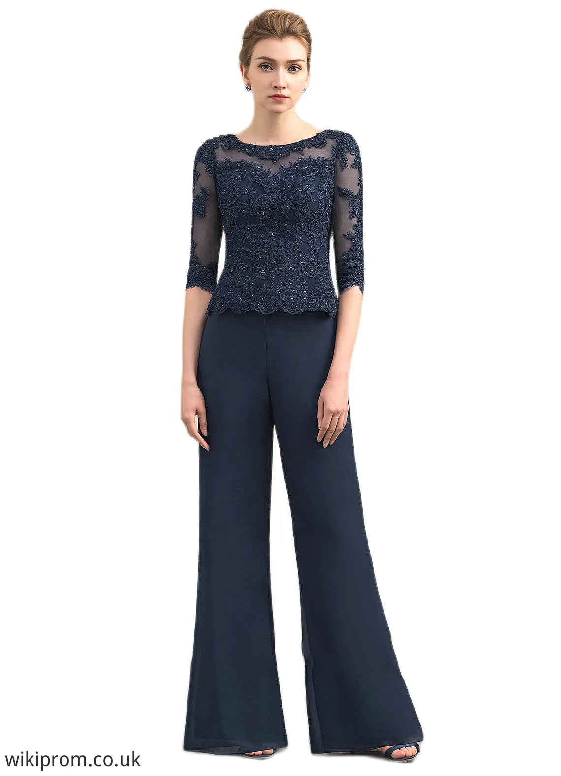 Audrey Jumpsuit/Pantsuit Scoop Neck Floor-Length Chiffon Lace Mother of the Bride Dress With Beading SWK126P0014836