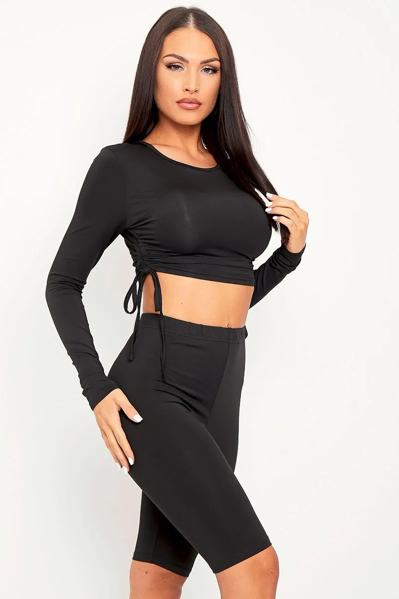 Black Double Layer Ruched Top and Cycling Shorts Co-ord - Gwen