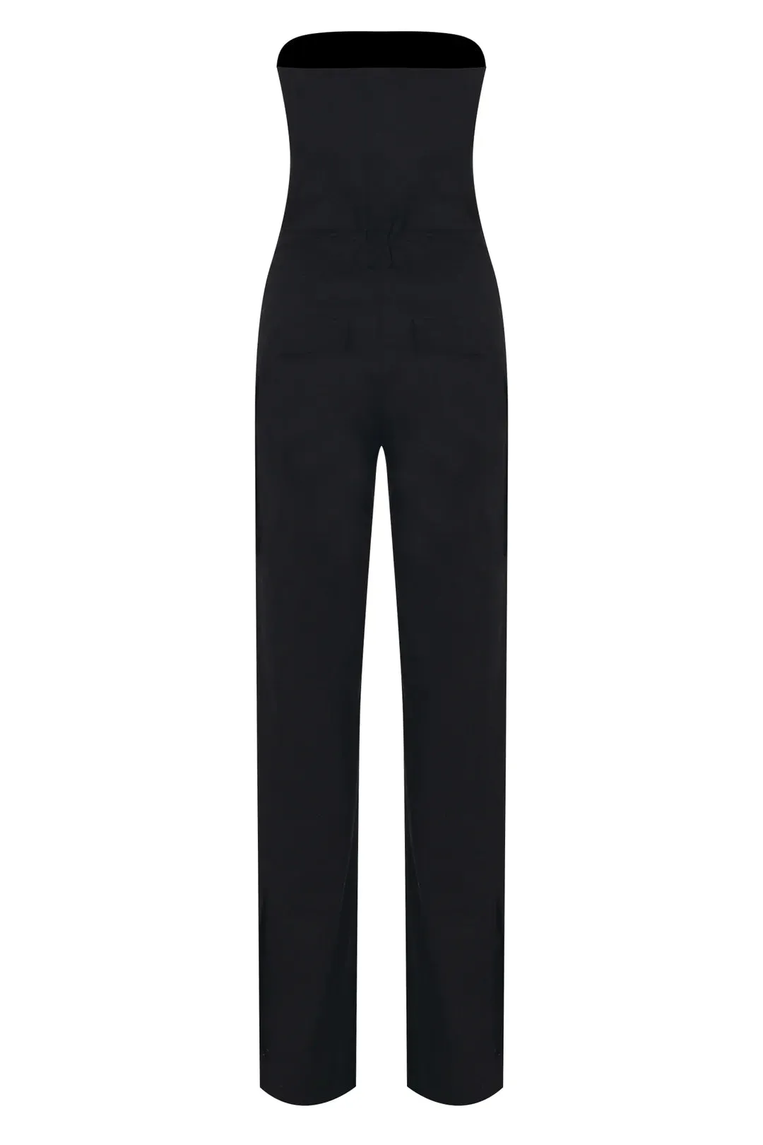 BLACK STRAPLESS POCKET DETAILED CANVAS CARGO JUMPSUIT