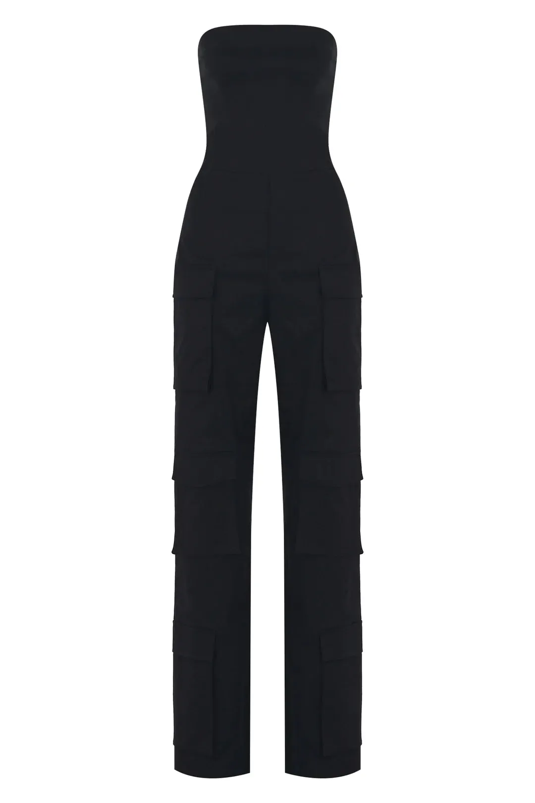 BLACK STRAPLESS POCKET DETAILED CANVAS CARGO JUMPSUIT