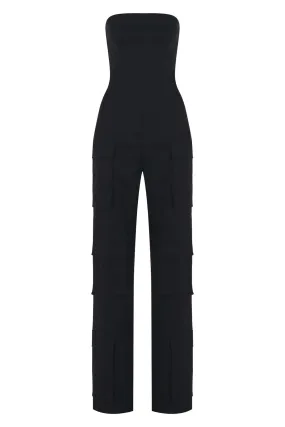 BLACK STRAPLESS POCKET DETAILED CANVAS CARGO JUMPSUIT
