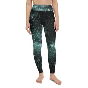 Blue Galaxy Print Yoga Leggings, Greenish Blue Space Galaxies Women's Long Yoga Pants-Made in USA/EU/MX