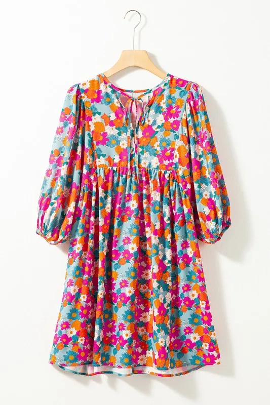 Boho Floral V Neck Lantern Sleeve Babydoll Dress