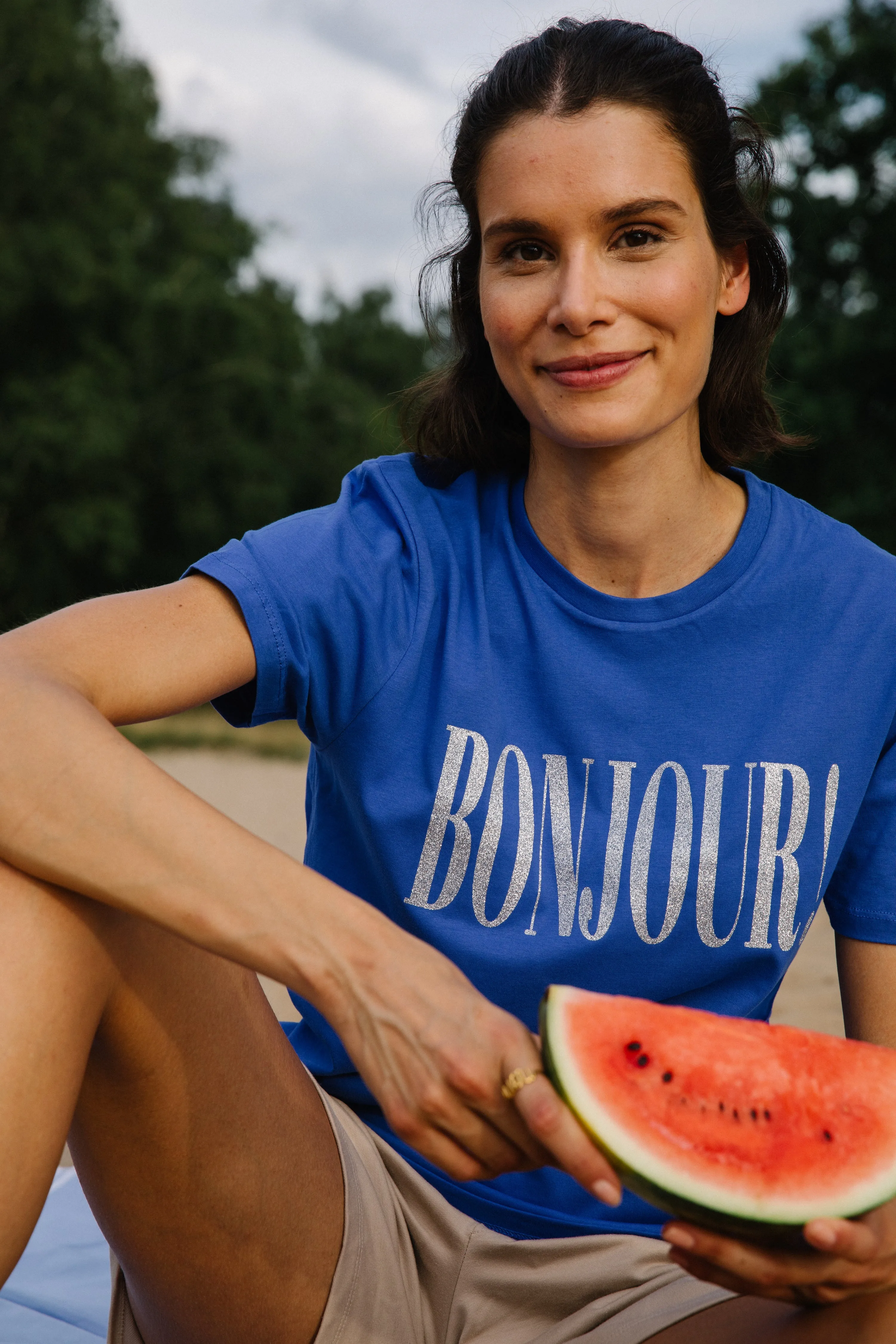 Bonjour! T-Shirt -Enzianblau / Silber Glitzer