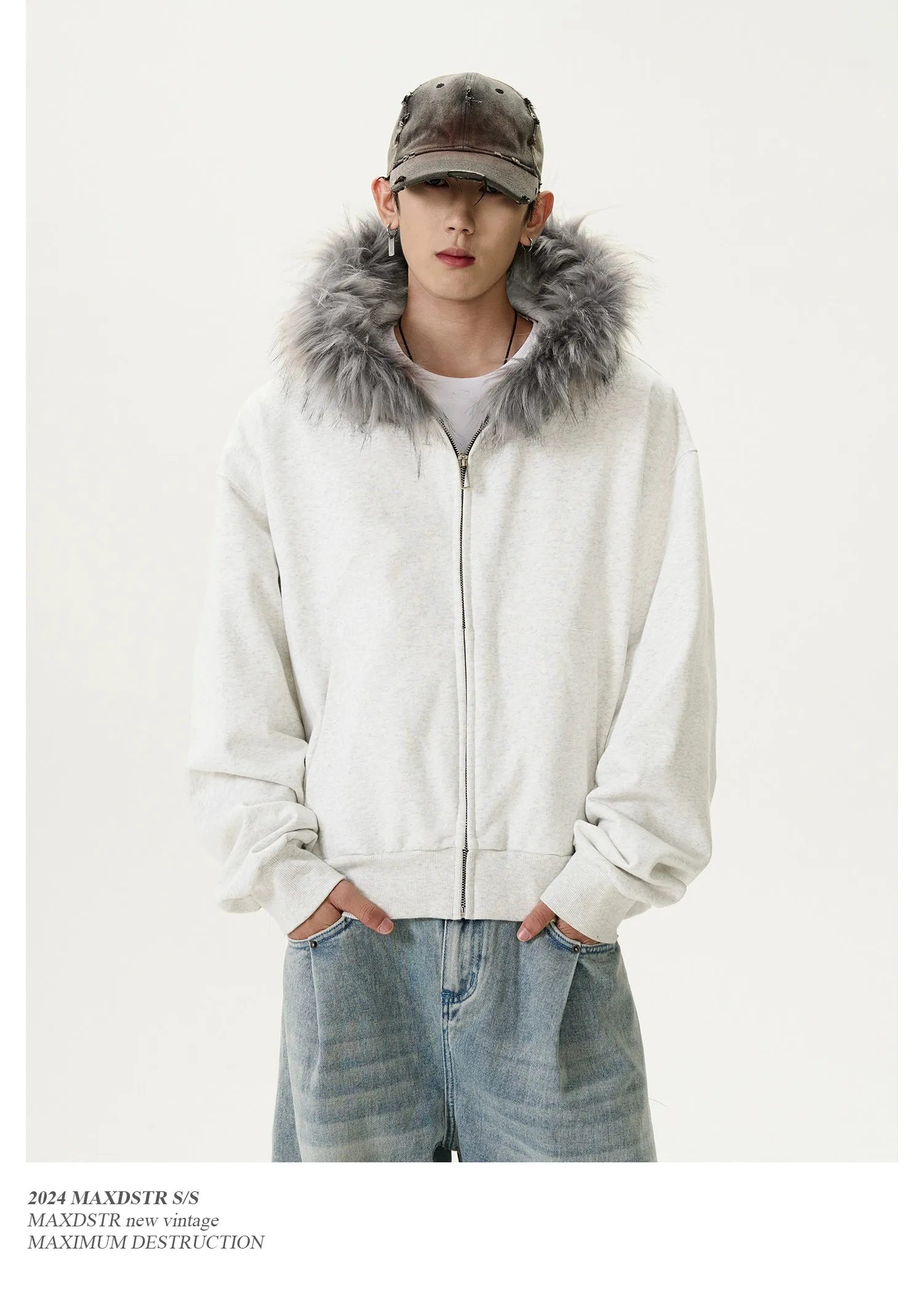 Casual Fit Fur Collar Zip-Up Hoodie