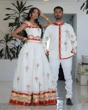 Celebrating Love in Red Ethiopian Couples Outfit: Regal Matching Habesha Couples Outfit