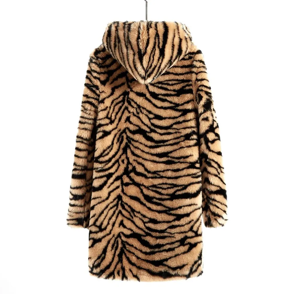 Chyanna Tiger Stripe Fur Hoodie Plus Size Western Style Winter Coat