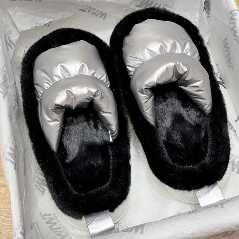 Color Contrast Plush Lined Space Puffer Slide Sandals - 3 Colors