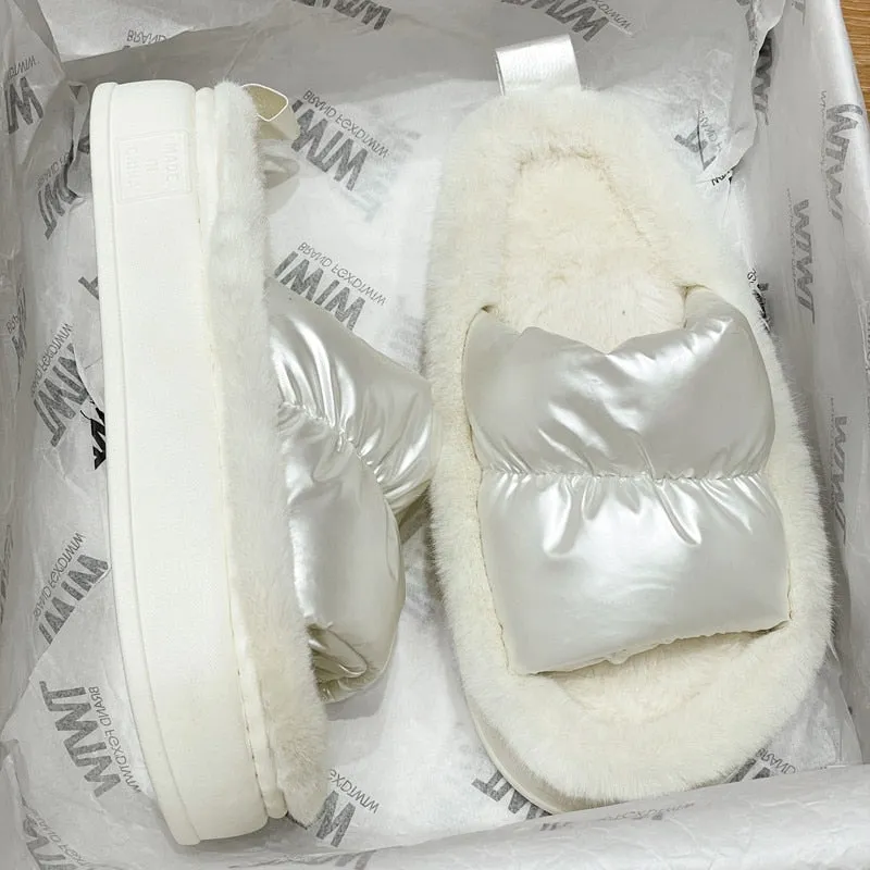 Color Contrast Plush Lined Space Puffer Slide Sandals - 3 Colors