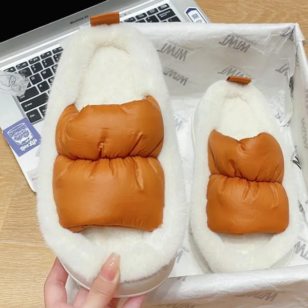 Color Contrast Plush Lined Space Puffer Slide Sandals - 3 Colors