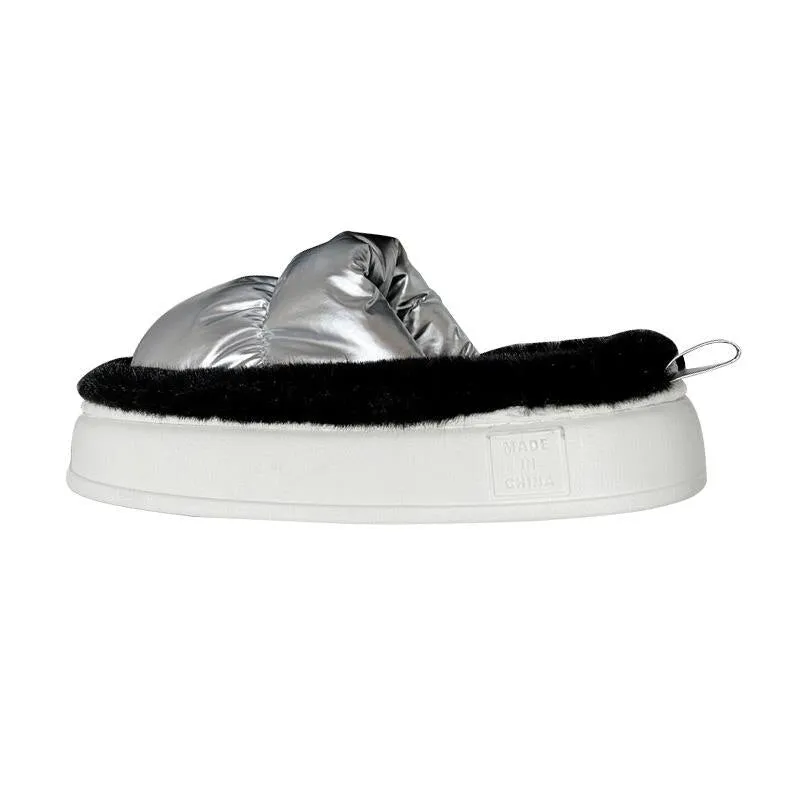 Color Contrast Plush Lined Space Puffer Slide Sandals - 3 Colors