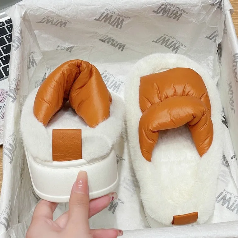 Color Contrast Plush Lined Space Puffer Slide Sandals - 3 Colors