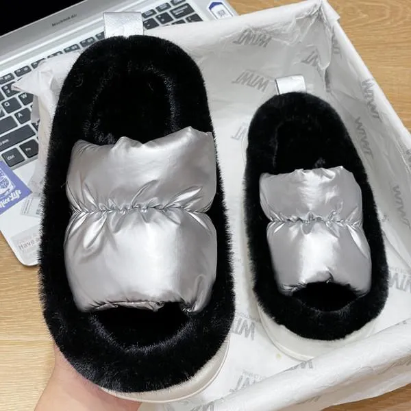 Color Contrast Plush Lined Space Puffer Slide Sandals - 3 Colors