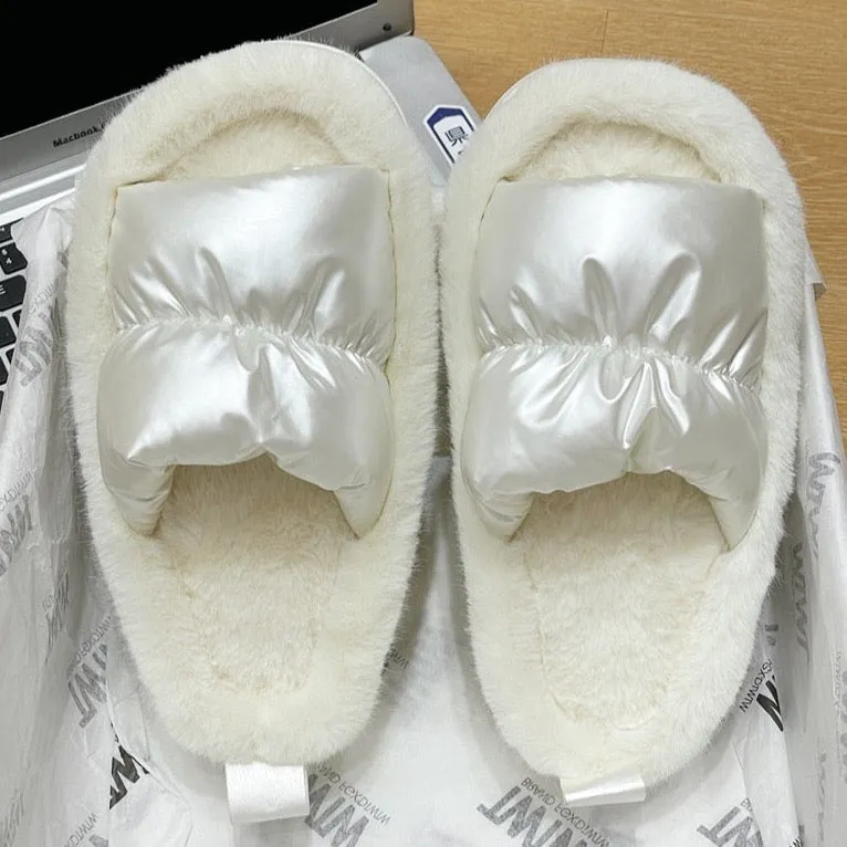 Color Contrast Plush Lined Space Puffer Slide Sandals - 3 Colors