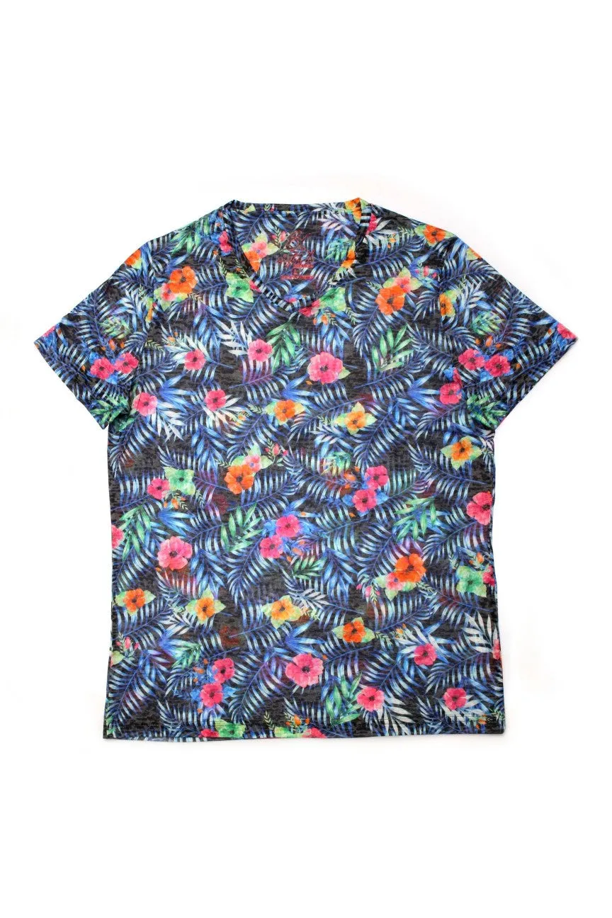 Color Floral Print V-Neck T-Shirt