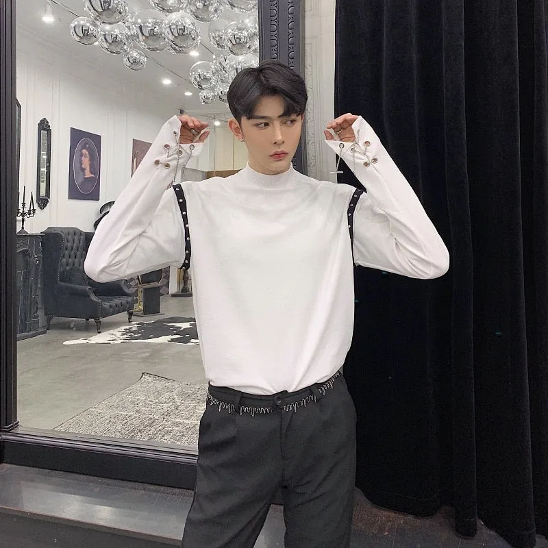 Cool White Black with Chain and Rivet Long Sleeve Pullover Shirts