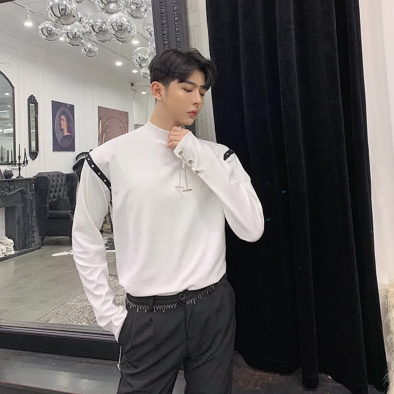 Cool White Black with Chain and Rivet Long Sleeve Pullover Shirts