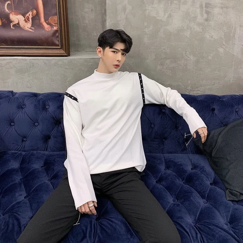 Cool White Black with Chain and Rivet Long Sleeve Pullover Shirts