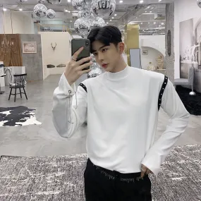 Cool White Black with Chain and Rivet Long Sleeve Pullover Shirts