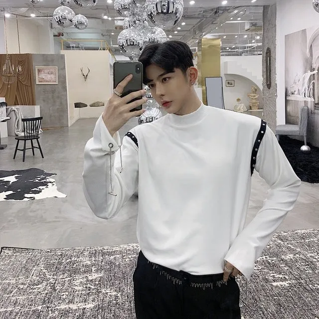 Cool White Black with Chain and Rivet Long Sleeve Pullover Shirts