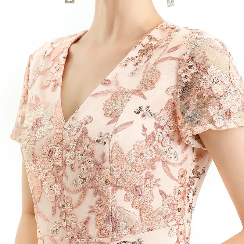D062-6 Women all-over floral embroidered sequinned V neck cap sleeves flared midi evening dress