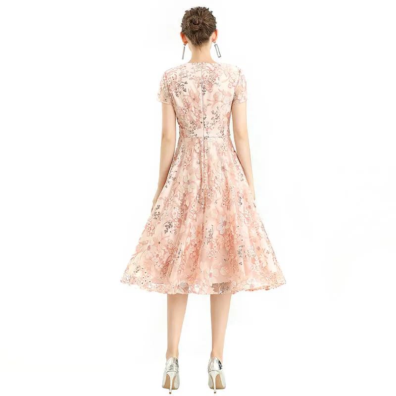 D062-6 Women all-over floral embroidered sequinned V neck cap sleeves flared midi evening dress