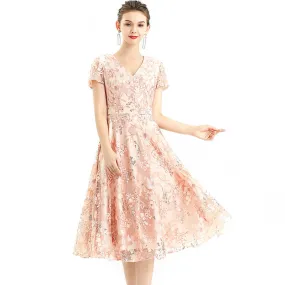 D062-6 Women all-over floral embroidered sequinned V neck cap sleeves flared midi evening dress