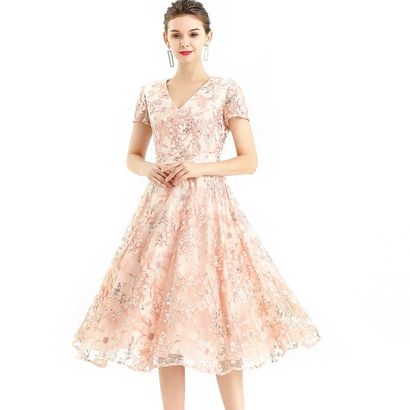 D062-6 Women all-over floral embroidered sequinned V neck cap sleeves flared midi evening dress