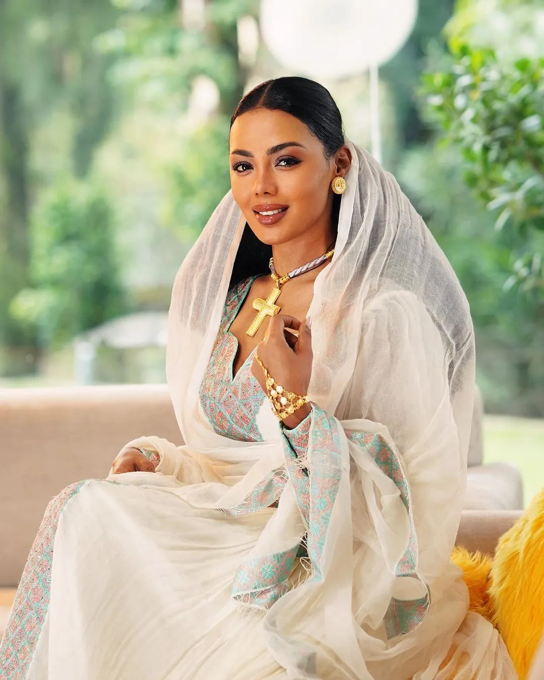 Enchanting Light Blue Habesha Dress: with Red Diamond Detailing Traditional Ethiopian Dress