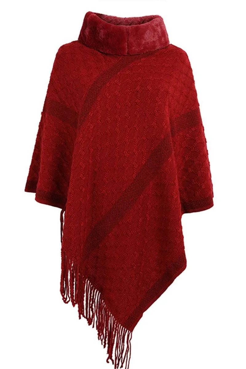 FEMALE FUR COLLAR TASSEL HEM COAT SHAWL