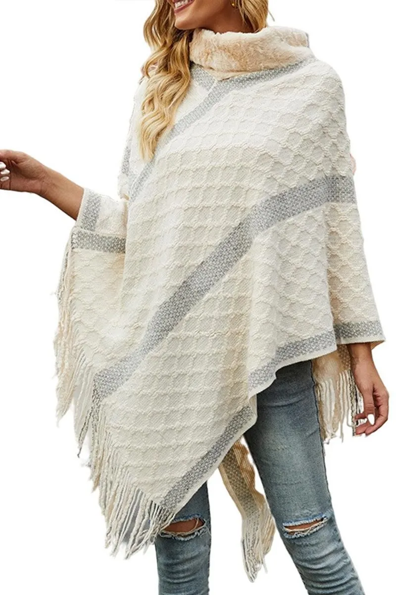 FEMALE FUR COLLAR TASSEL HEM COAT SHAWL