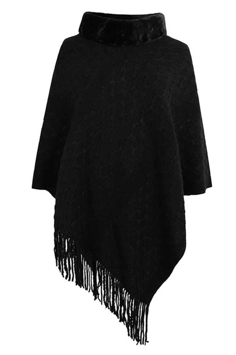 FEMALE FUR COLLAR TASSEL HEM COAT SHAWL