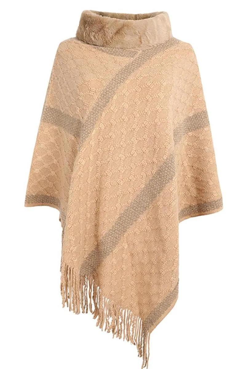 FEMALE FUR COLLAR TASSEL HEM COAT SHAWL