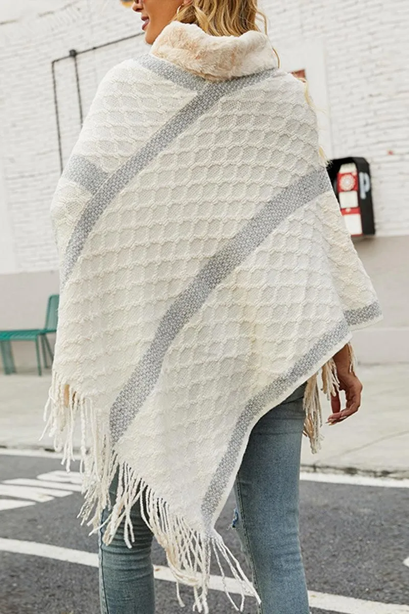 FEMALE FUR COLLAR TASSEL HEM COAT SHAWL
